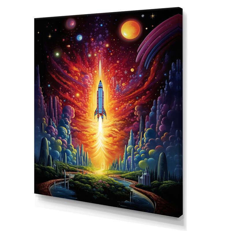 Designart "Rocketship Cosmic Dreamscape" Rocketship Canvas Print Bed